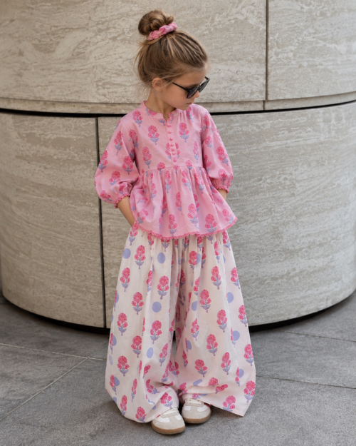 Arrayed 2 Piece - pink block-print kids suit by Lili & Co.